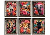 6 Pcs Jungle Animals Floral Canvas Wall Art Modern Colorful Aesthetics Flower Black Panther Giraffe Tiger Painting Picture Wall Decor Poster Print Artwork for Woman Room Living room Bedroom Unframed