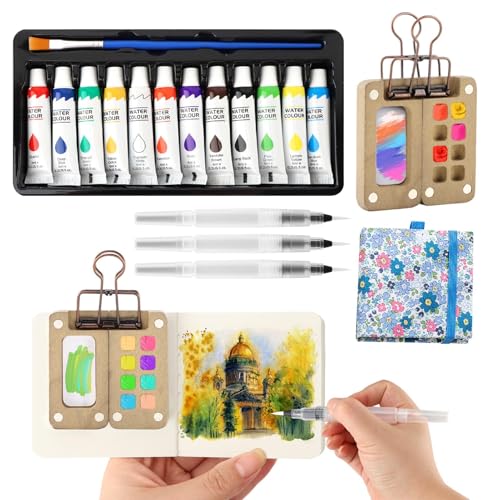 Mini Watercolor Paint Set Portable Pocket Artist Water Color Artist Palette Sets with Colours Book Binder Clip Pens Wooden Paint Box Drawing Kit for Beginners Art Enthusiasts