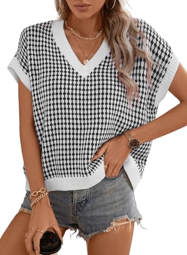 Dokotoo Womens Ladies Fashion Short Sleeve Shirts for Women V Neck Plaid Loose Fit Crochet Knit Pullover Sweaters Vest Casual Oversized Comfy Summer Tops Spring Outfits Clothes Black White Small