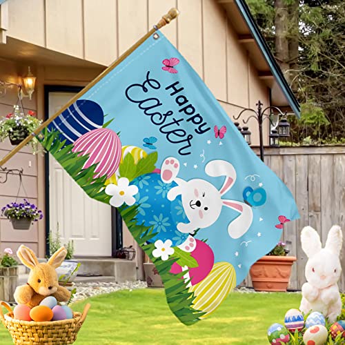 Easter Flag 3X5 Ft, Vivid Color Happy Easter Flag With Metal Grommets, Durable Polyester Cute Bunny And Eggs Spring Holiday Flag For Yard Garden Home Seasonal Decorations Indoor Outdoor (Blue) #TOP1