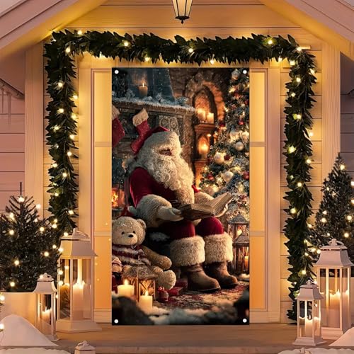 Image of BlissYard Christmas Door Cover Santa Fireplace 35x71 Inch Polyester