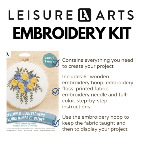 Image of LEISURE ARTS Embroidery Kit 6 inch Yellow & Blue Flowers - Embroidery Kit for Beginners and Adults, Cross Stitch Kits with Patterns, DIY Starter Set for Seasonal Craft Projects