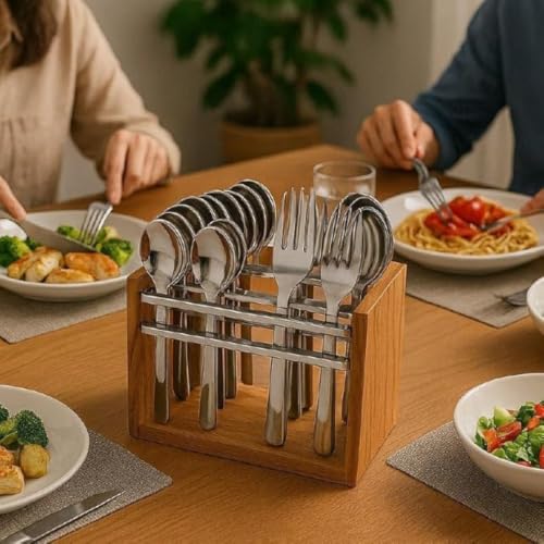 Image of Premium Wooden Cutlery Set Eco-Friendly Utensils for Sustainable Dining and Entertaining,Wooden Hanging Stand, 6 Tea Spoons,6 Table Spoons,6 Table Forks,6 Dinner Spoon, Spoon Set(24 Piece)