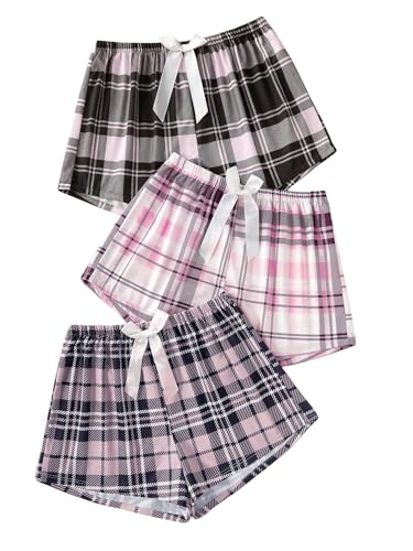 Image of WDIRARA Women's 3 Pack Plaid Letter Graphic Pajama Shorts Lounge Shorts | Elastic Waist ,Comfortable,Home Living,Sleepwear