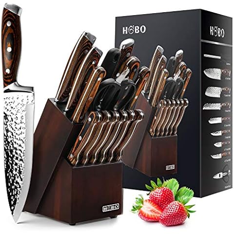 Knife Sets, 15-Piece Japanese Knife Set Kitchen Knife Set with Block Wooden, HOBO Chef Knife Set with Sharpener, Japan High Carbon Stainless Steel Knife Set, Boxed Knife Sets, Color Wooden Handle Cover