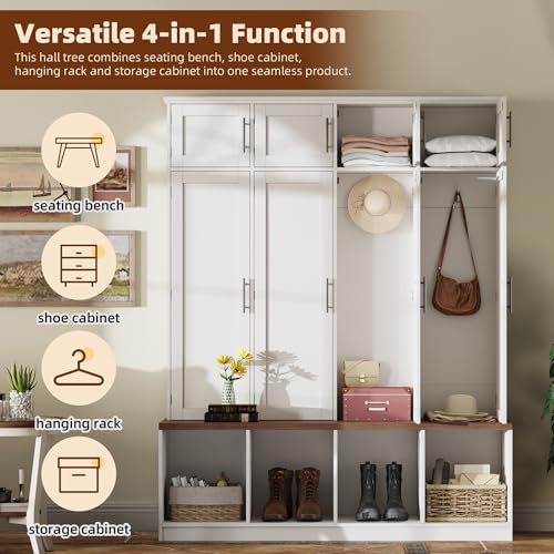 Image of Hall Tree with Entryway Bench and Shoe Storage Compartments, Particle Board Multi-Functional Cabinet with 4 Hanging Hooks, White