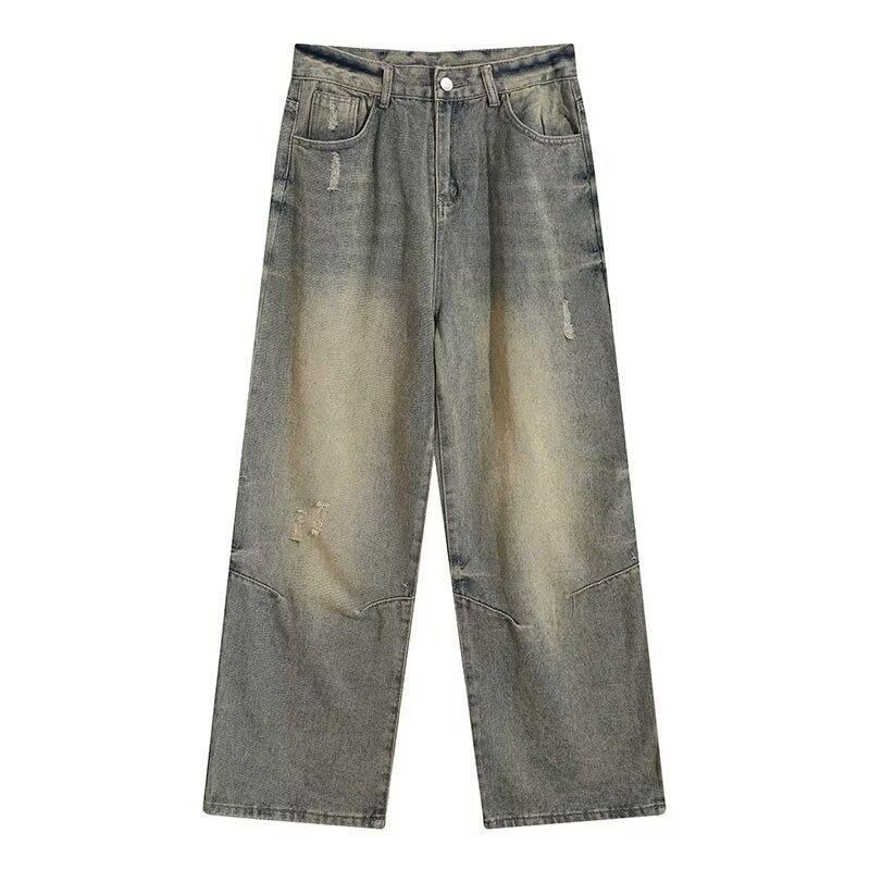 Men's Retro Washed Distressed Jeans, Loose Fit Wide - Leg Denim Pants, Mud Yellow, S - 3XL