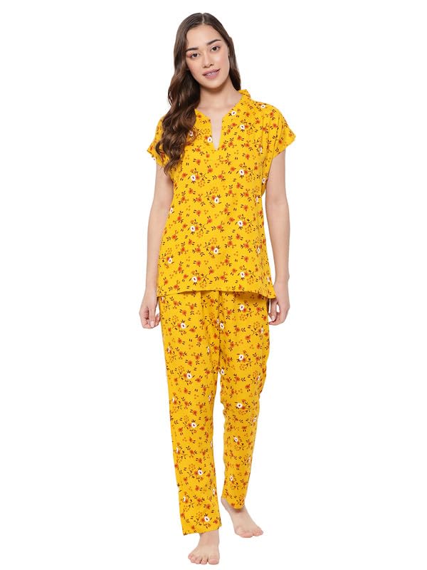 Image of Clovia Women's Rayon Printed Top & Pyjama Set in Yellow