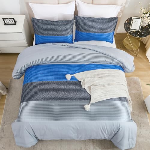 Litanika Comforter Set Oversized King 120x98 Grey Blue - 3 Pieces Lightweight Grey Blue Colorblock Stripe Fluffy Bedding Comforter Sets, All Season Bed Set