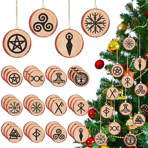 Roowest 36 Pcs Viking Pagan Yule Ornaments Wooden Christmas Tree