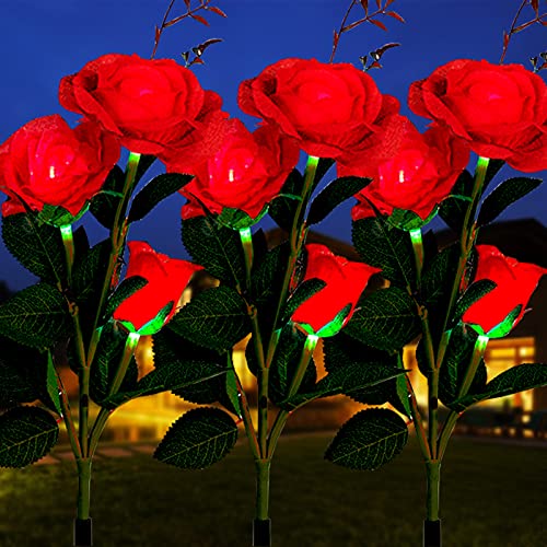 3 Pack Solar Garden Lights Outdoor - Upgraded Realistic LED Solar Powered Rose Lights Flower Stake, Waterproof Solar Decorative Lights for Patio Pathway Courtyard Garden Lawn (Red)