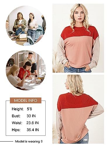 Image of Dokotoo Womens Tops Fashion 2026 Color Block Long Sleeve Shirts for Women Crewneck Knitted Casual Loose Blouses
