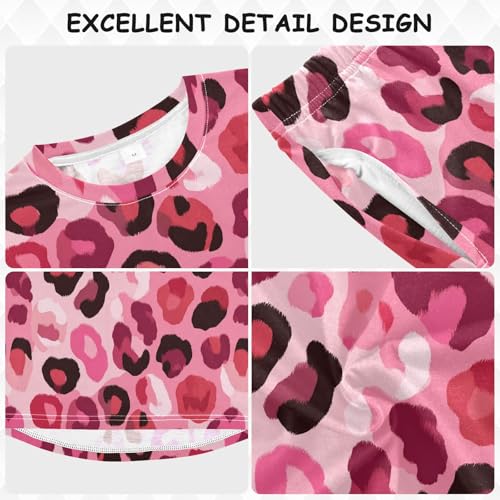 Pink Leopard Print Soft Pajama Set for All Seasons,Breathable Pjs Long Sleeve Sleepwear,Comfy Loungewear 2 Piece Underwear Set 5T3