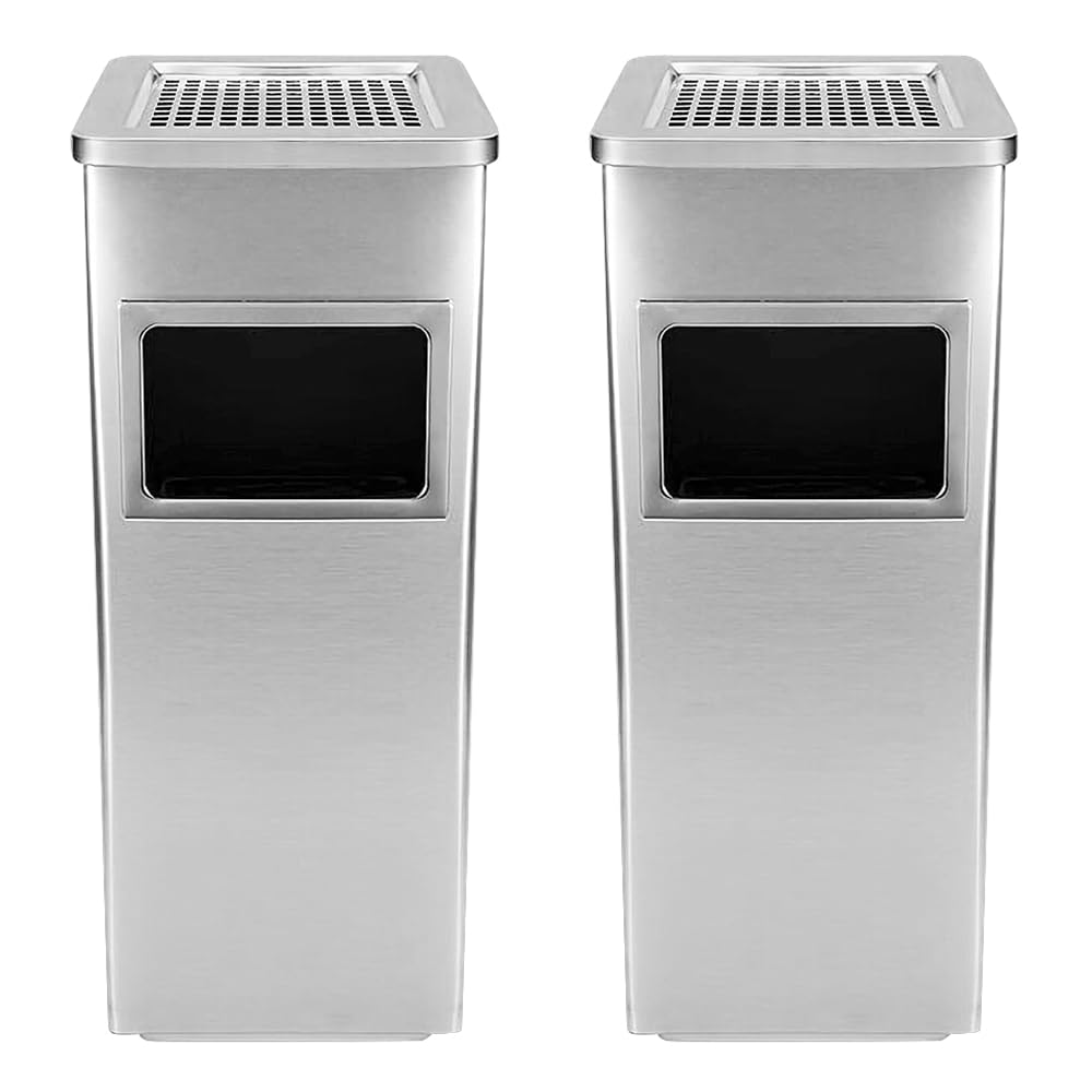 Pattumiera in acciaio inox cestino pattumiera a pedale contenitore rifiuti, Pattumiera in Acciaio Inox con Portacenere per Esterni, Posacenere da Pavimento-24 * 24 * 60 cm 35 L-Argento (2 PZ)