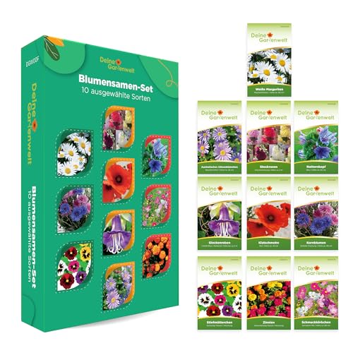 Blumensamen Set - 10 Sorten Samen - Saatgut Sortiment - Anzuchtset für Blumen - Geschenkset - Margerite, Stockrosen, Cosmea, Mohn und mehr