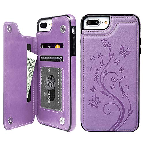 Compatible with iPhone 7 Plus Case with Card Holder, iPhone 8 Plus Wallet Case Premium PU Leather Embossed Butterfly Kickstand Card Slots Magnetic Clasp Cover for iPhone 7 Plus & 8 Plus, Purple