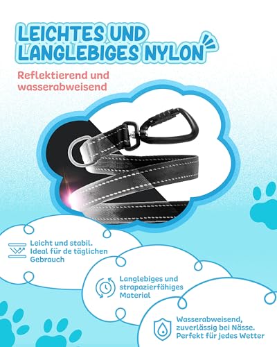 KURI PAI® Hundeleine für große Hunde aus Nylon mit Sicherheitskarabinern | Reflektierend und Wasserabweisend | Verstellbare Längen 1,50m - 2,60m, Ideal für Große und Mittelgroße Hunde (Schwarz)