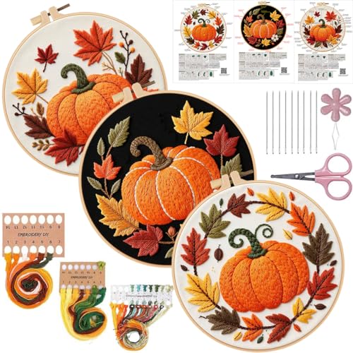 Konrisa Pumpkin Embroidery Kits Stamped Embroidery Starter Kit for Adult with Hoop Needlepoint Cross Stitch Kit Set of 3