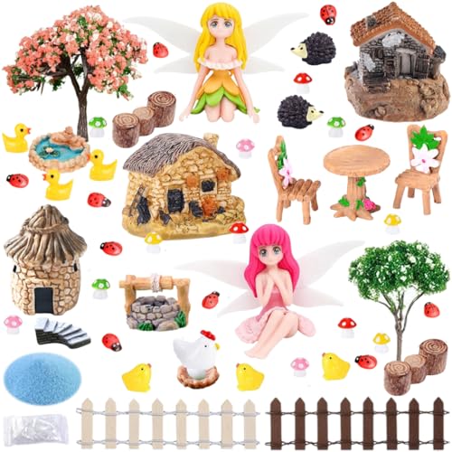 LEISEMK 52 Pcs Fairy Garden Accessories Kit Miniature Resin Figurines & Micro Landscape Decor with Mini House Animals Plants & Ornaments for DIY Outdoor Craft Decoration (Pastoral Style)