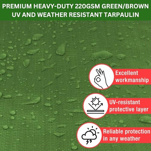 MYPURECORE Heavy-Duty Tarpaulin 220 GSM – Waterproof, Dual-Colour Green/Brown, Reinforced Eyelets Every 50cm, Ideal for Camping, Garden, Greenhouse, Outdoor Furniture, Trailers & Sheds (5m x 8m) - Image 4