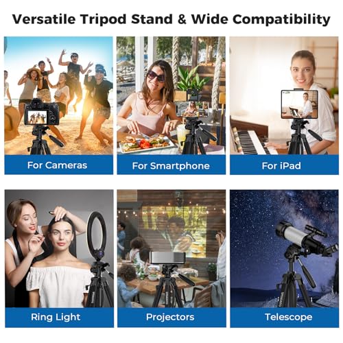 75" Camera Tripod, Heavy Duty Aluminum Camera Stand for ipad Phone, Travel Tripod with Remote/Carry Bag/Phone Tablet Holder, Compatible with DSLR, Spotting Scopes, Max Load 15 Lb(Grey)