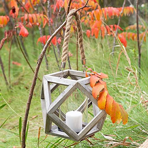 Gray Wood with Rope Handle & Glass Insert Candle Lantern