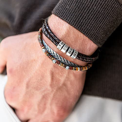 Myka – Personalized Navigator Sterling Silver 925 Men Braid Bracelet With Up To 7 Small Custom Engraved Beads/Leather (Black/Brown) – Gift For Father's Day – Gifts Men Boyfriend Dad #TOP6
