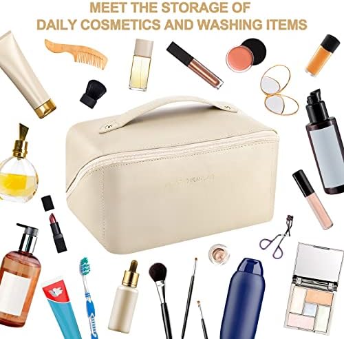 Portable Travel Makeup Bag - PU Large Capacity Cosmetic Bag with Handle and Zipper, Toiletry Bags for Women with Multi Pouch, Multifunction Makeup Organizer Bag Wash Bag for Ladies Girls (White)