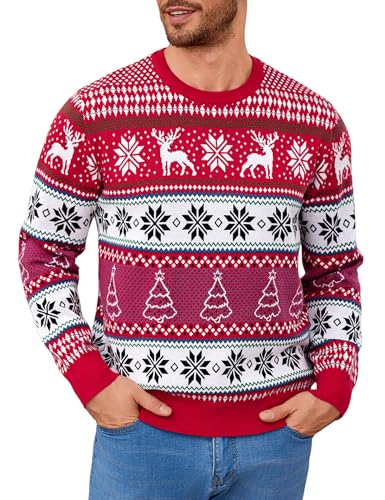 Leversic Suéter de Navidad para Hombre Punto Jersey de Invierno con Cuello Redondo Diseño de Renos y Copos de Nieve para Navidad S-XXL(Rojo,XXL)