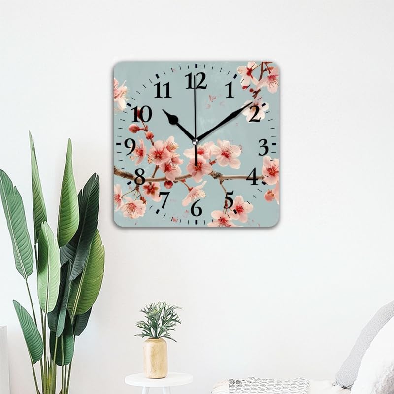 Quartz Wall Clocks Non-Ticking Silent Battery Operated Modern Wall Clocks Decorative for Home,Bedroom-Beautiful Pink Cherry Blossoms in Full Bloom(14inch)