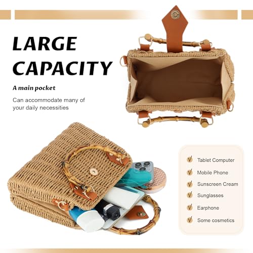Bolso tote de paja tejido para mujer color caqui miniatura 5