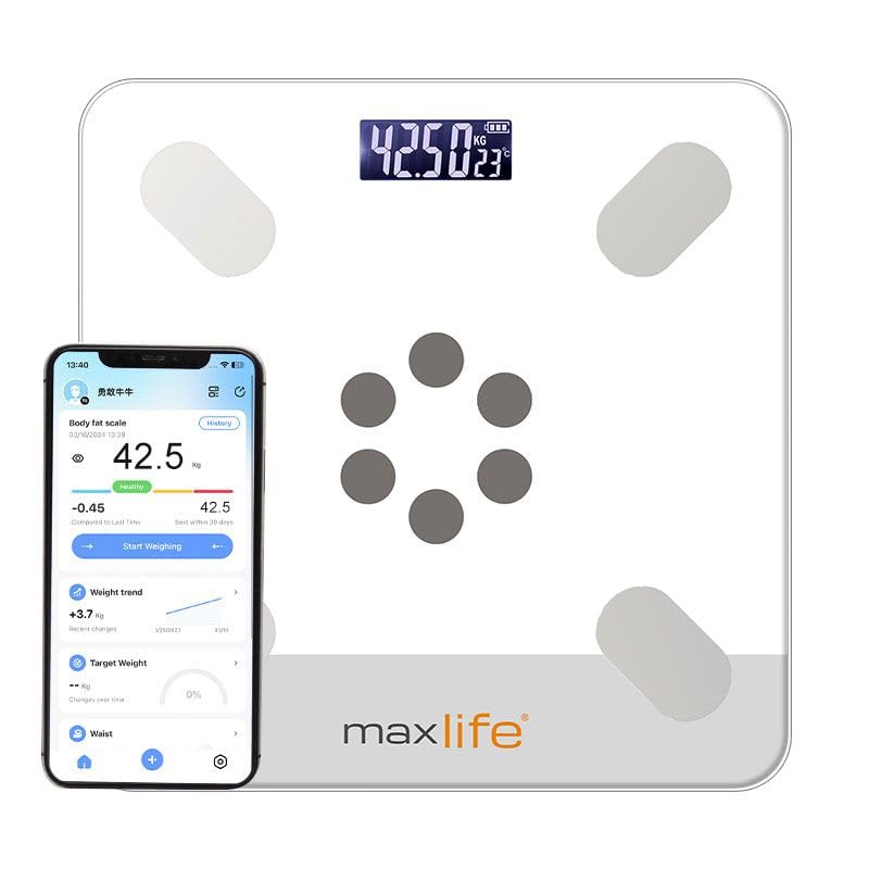 MaxLife Smart Scale for Body Weight, Digital Bathroom Scale BMI Weighing Bluetooth Body Fat Scale, Body Composition Monitor Health Analyzer with Smartphone App, 400 lbs (White 10")