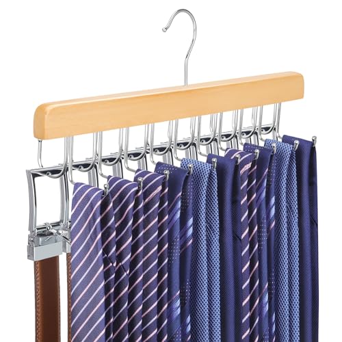 TOPIA HANGER 2 in 1 Belt Tie Hanger for Closet Max 30 Belts with 30 Ties Capacity, 20 Hooks Belt Tie Racks Wooden Hanger for Closet Organizer Storage Space Saving “U” Fit Belt and “一” Fit Tie - CT47N