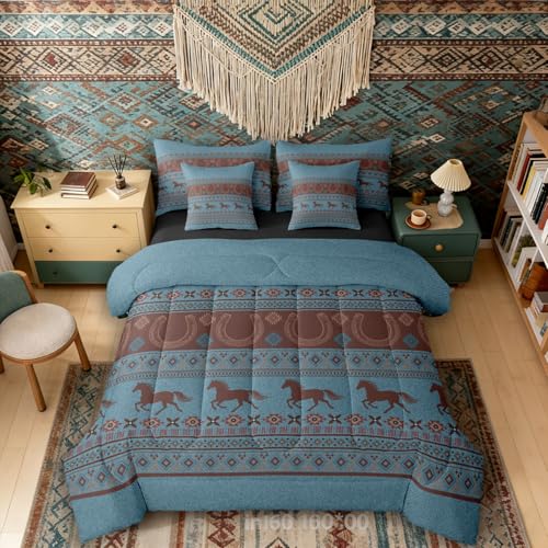 Image of Western Decor Horse Queen Comforter Set with Sheets | Boho Western 7 Piece Bedding Set Farmhouse Farm Animals Aztec Bed in a Bag,Southwestern Native Geometric Rustic Home Decor Horse Gifts for Girls