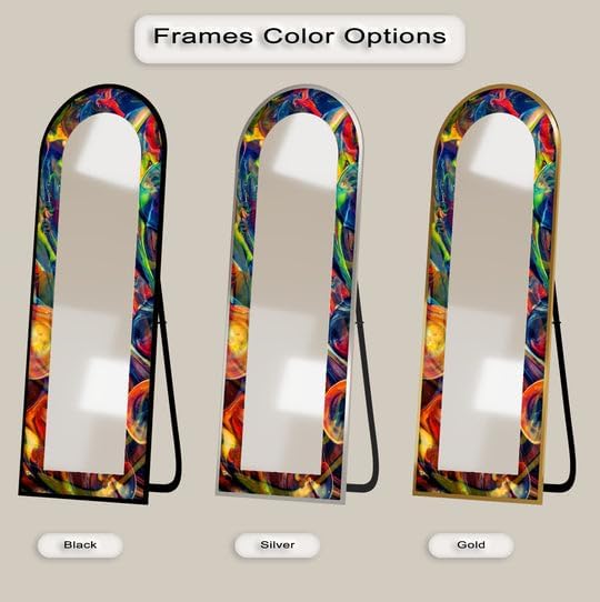 23,5’’W x 67’’H Cosmic Spectrum – Abstract Rainbow Swirl Floor Mirror Arched Full Lenght Mirror - Arch Full Body Stained Floor Mirror with Black Frame with Silver Frame