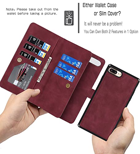 iCoverCase Compatible with iPhone 8 Plus/7 Plus Wallet Case with Card Holder and Wrist Strap, PU Leather Kickstand Card Slots Magnetic Shockproof [Detachable] Flip Cover Case 5.5 Inch (Claret) by iCoverCase - Used condition - Image 4