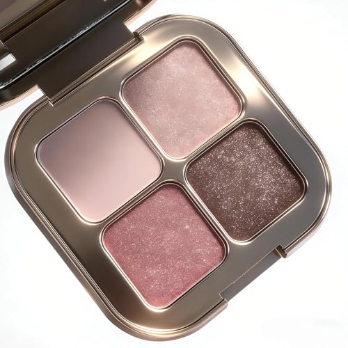 Image of Nude Champagne Brown & Pink Eyeshadow Palette, 4 Color Natural Neutral Powder with Mirror, Long-lasting Lightweight Brown Eyeshadow for Women