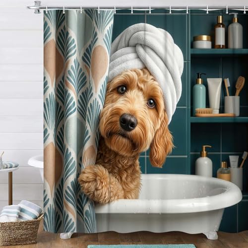 Image of Funny Dog Shower Curtain, Cute Fun Dogs in Bathtub Teal Blue Shower Curtains, Animal Puppy Hilarious Bath Curtain Polyester Fabric with 12 Hooks 60x72 Inch