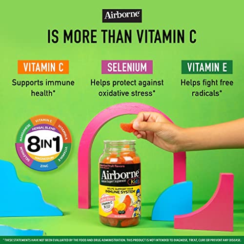 Airborne KIDS 500mg Vitamin C Gummies, Kids Immune Support Zinc Gummies With Powerful Antioxidants Vit C & E - 63 , Assorted Fruit Flavor