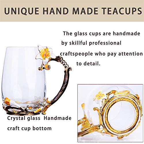 Tea Cup Coffee Mug Cups, Mother's Day Gifts, Creative Lily Flower Glass Tea Cup, Handmade Tea Mug, Unique Personalized Birthday Present Ideal for Friend Wedding Anniversary Birthday - 13OZ Yellow
