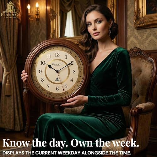 Image of HARRIS & CO. CLOCKMASTERS Luxury Wooden Time & Weekday Wall Clock, Weekly Analog Clock with Days, Hours & Minutes Markers, HD Clear Glass with Silent Sweep Noiseless (14 Inch) Model-Daybrook Road