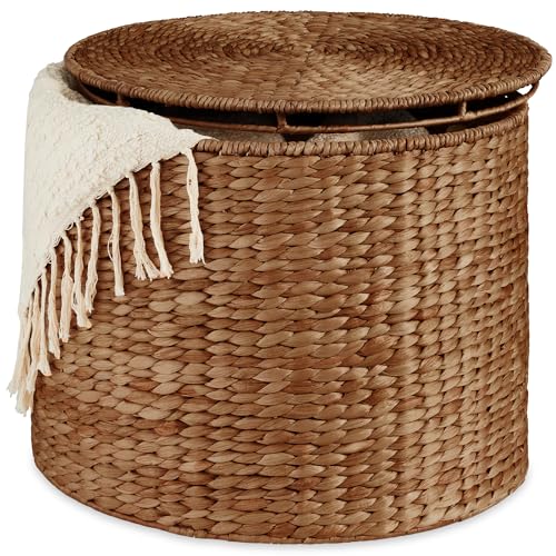 Best Choice Products Large Round Storage Ottoman W/Lid Handwoven Water Hyacinth Footstool Accent Stool Side Table Storage Container Plant Stand For Living Room Office or Bedroom - Chestnut