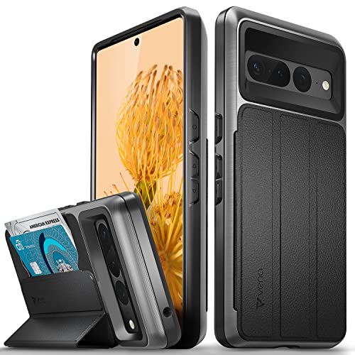 VENA vCommute for Google Pixel 7 Pro Wallet Case [Military Grade Drop Protection] (2022) Flip Leather Cover Slot Card Holder with Kickstand - Black