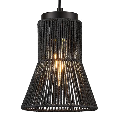 BTP Black Pendant Light, 7" Woven Hanging Light Fixture for Kitchen Island Dining Room Bedroom Entryway, Boho Rattan Farmhouse LED Ceiling Pendant Lamp, Adjustable Cord, Sloped Ceiling