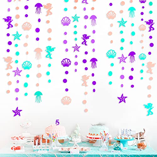 Meerjungfrauen-Party-Dekoration, 152 m, violett, blaugrün, Korallengirlanden mit Muschel, Quallen, Seestern, Perlen, Lavendel, Aqua, Papierschlangen für Cover