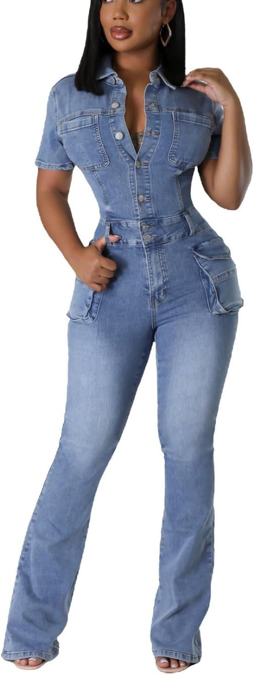 Women Sexy Slim Fit Denim Jumpsuits Short Sleeve Distressed Bodycon Jean Pant Outfits One Piece Rompers with Pockets