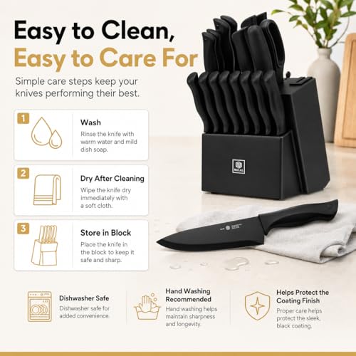 Image of 19-Piece Kitchen Knife Set with Block and Built-In Sharpener, Black | High-carbon stainless steel blades, nonstick coating, ergonomic handles and dishwasher-safe care