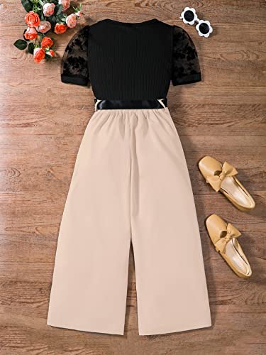 Oyoangle Girl's 2 Piece Rib Knit Mesh Short Puff Sleeve Blouse Tee And Bow Front Wide Leg Pants Set Jumpsuit Black And Khaki 9Y #TOP1