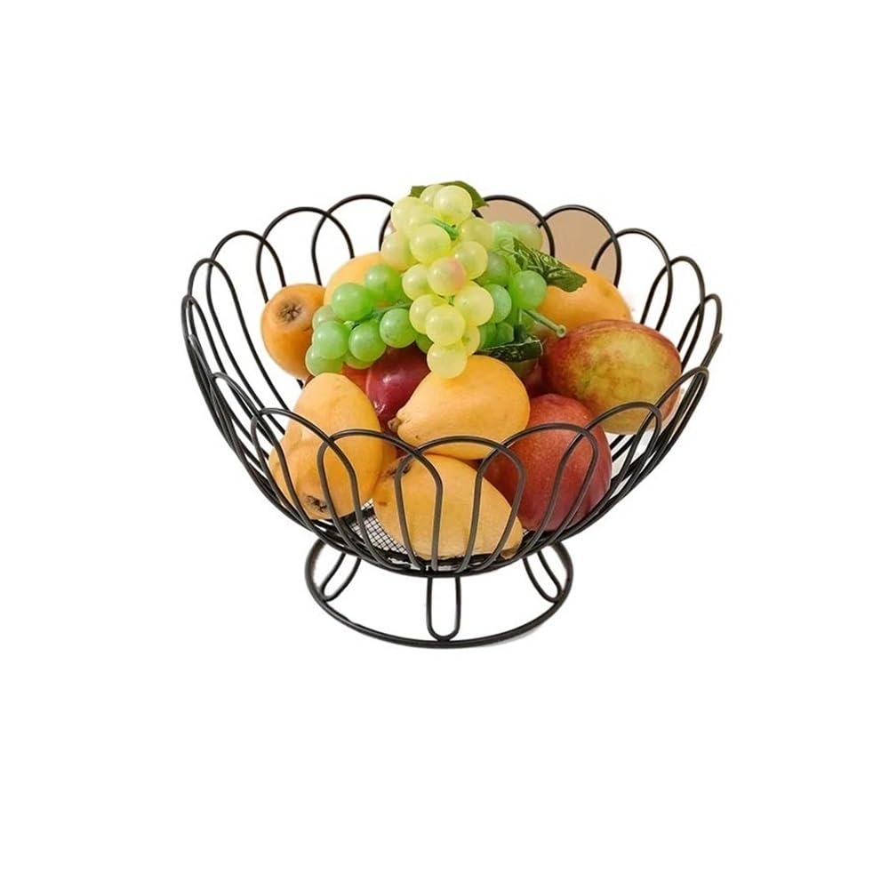 FZL02068LM Fruit Bowl Modern Iron Fruit Basket Container Bowl Bread Storage Drain Table Snacks Display Tray Versatile(Black)