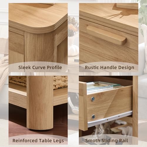Image of Joaxswe Farmhouse Night Stand Set of 2 with Charging Station, Wood Bed Side Tables Bedroom Set of 2 with Drawer & Open Storage Shelf, Natural Wood